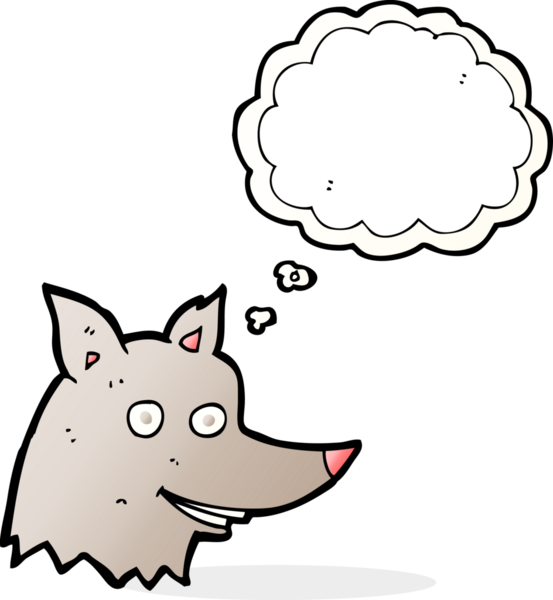 Bir insan tarafından çizilmiş düşünce balonlu bir kurt kafası.