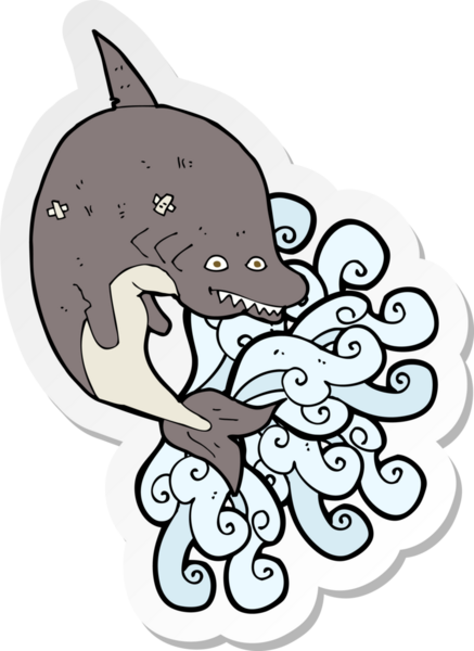 Bir insan tarafından çizilmiş karikatür köpekbalığı etiketi.