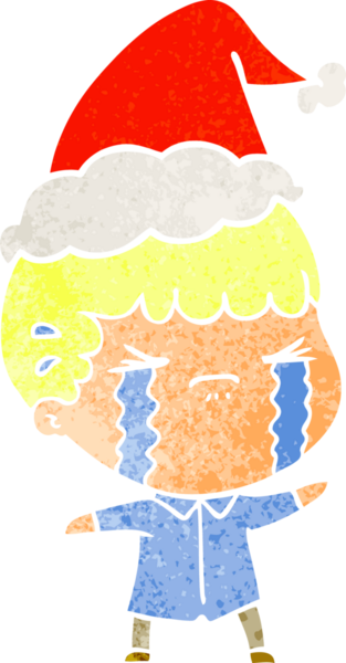 Bir insanın çizdiği Noel Baba şapkasıyla ağlayan bir adamın el çizimi karikatürü.