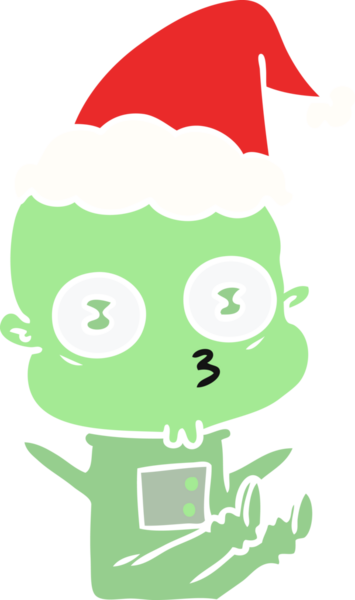 Bir insan tarafından çizilmiş Noel Baba şapkası giyen kel bir uzaylının el çizimi düz renk çizimi.