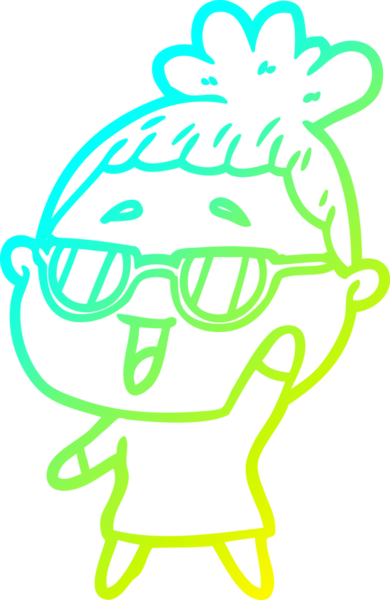 Bir insan tarafından çizilmiş gözlük takan mutlu bir kadının çizgi film çizimi.