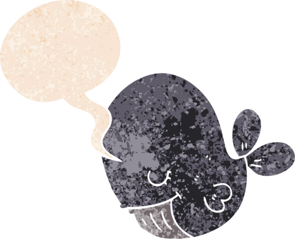 Bir insan tarafından çizilmiş grunge dertli retro tarzı konuşma balinası ile çizgi film balinası