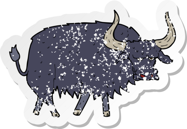Bir insan tarafından çizilmiş kızgın, tüylü bir öküz çizgi filmin gerilimli yapıştırması.