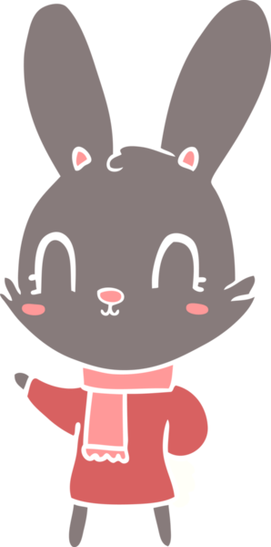 Sevimli düz renkli çizgi film tavşanı bir insan tarafından çizilmiş giysiler giyiyor.