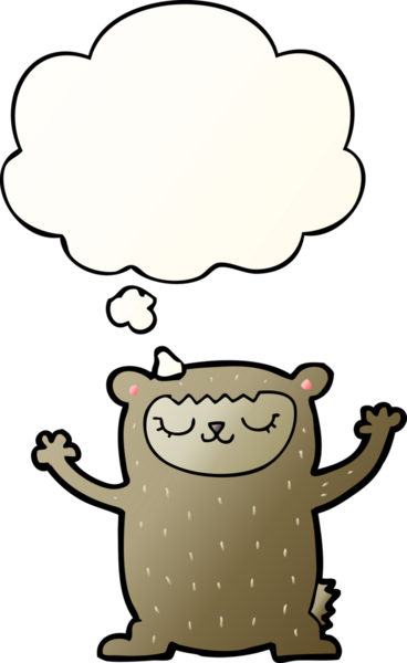 Bir insan tarafından çizilmiş yumuşak eğimli düşünce baloncuklu şirin çizgi film ayısı.