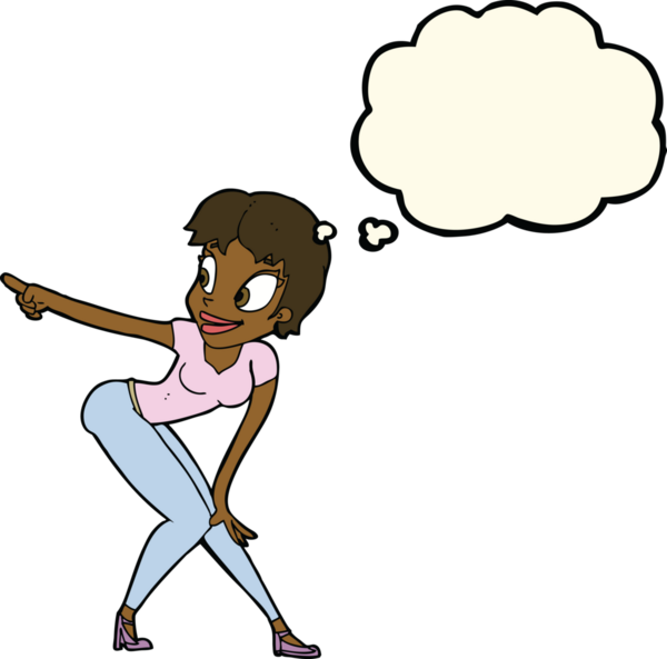 Bir insan tarafından çizilmiş düşünce baloncuğuyla işaret eden güzel bir kadın.