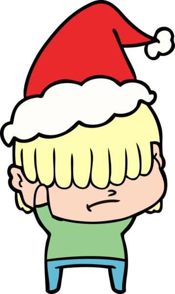 Dağınık saçlı, Noel Baba şapkası takan bir çocuğun el çizimi.