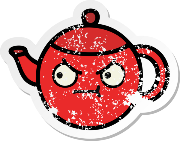 Bir insan tarafından çizilmiş şirin bir karikatür çaydanlığının sıkıntılı çıkartması.