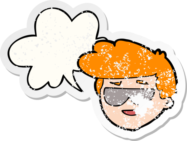 Güneş gözlüğü takan, konuşma baloncuklu çizgi film çocuğu bir insan tarafından çizilmiş sıkıntılı eski bir çıkartma.