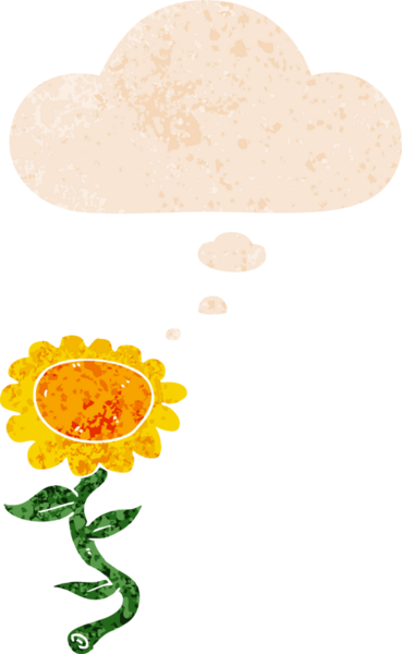 Düşünce baloncuğu ve grunge ile çizgi film ayçiçeği bir insan tarafından çizilmiş sıkıntılı retro desen tarzı