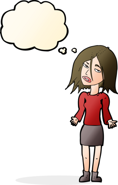 Bir insan tarafından çizilmiş düşünce baloncuğuyla omuz silken çizgi film kadını.