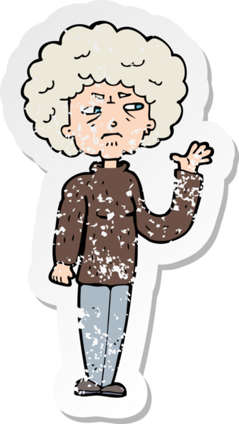 Çizgi filmin gerilimli retro yapıştırması. Bir insan tarafından çizilmiş yaşlı bir kadın.