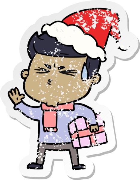 Bir insanın çizdiği Noel Baba şapkasıyla terleyen bir adamın el çizimi karikatürü.