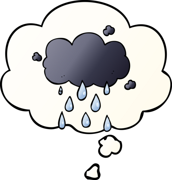 Karikatür bulutu yağmur gibi yağıyor. Düşünce baloncuğu bir insan tarafından çizilmiş gibi.