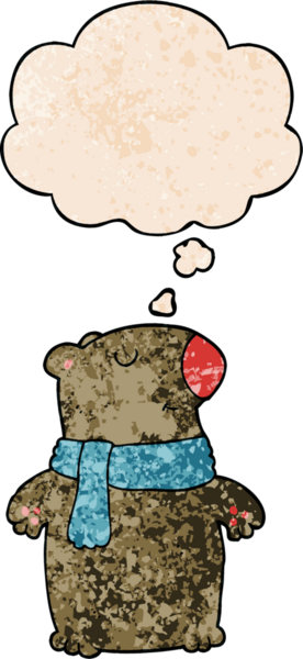 Bir insan tarafından çizilmiş grunge desenli düşünce baloncuklu çizgi film ayısı.