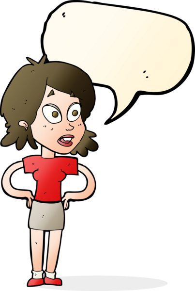 Bir insan tarafından çizilmiş konuşma balonlu elleri olan çizgi film kadını.