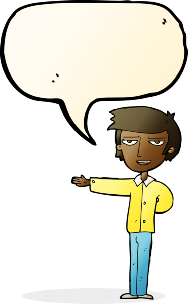 Bir insan tarafından çizilmiş konuşma baloncuğuyla hoş geldin jestleri yapan çizgi film adamı.