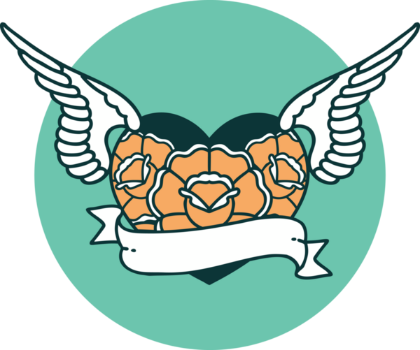 Bir insan tarafından çizilmiş çiçek ve bayrak ile uçan bir kalbin ikonik dövme görüntüsü