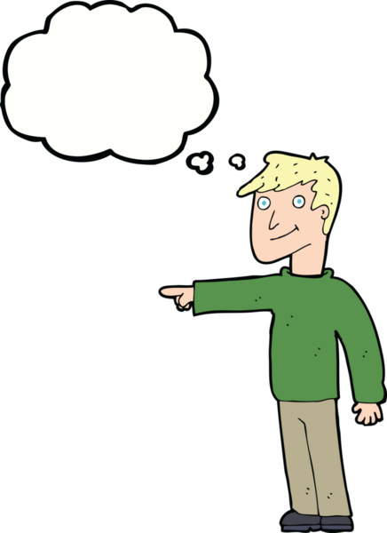 Bir insan tarafından çizilen düşünce baloncuğuyla işaret eden çizgi film adamı.