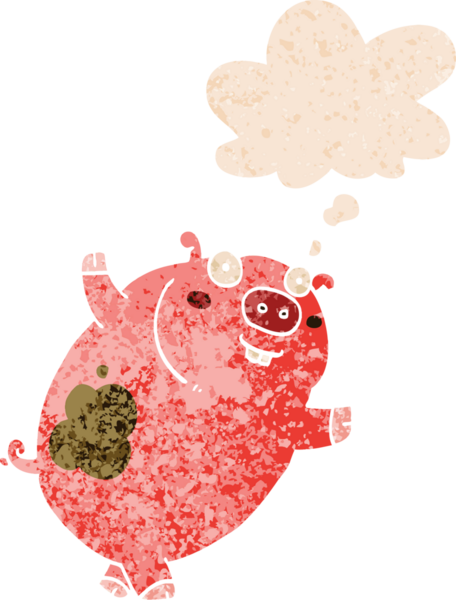 Komik çizgi film domuzu. Düşünce baloncuğu ve grunge dertli eski moda bir insan tarafından çizilmiş.