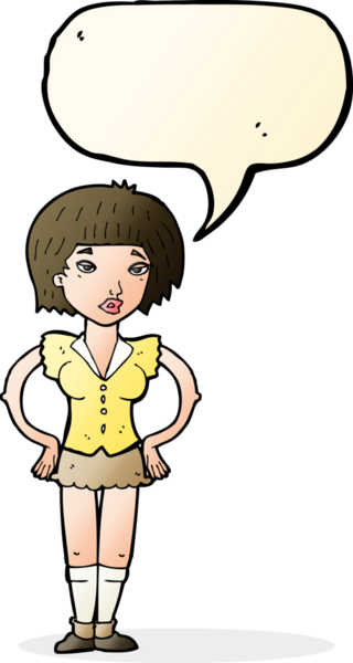 Bir insan tarafından çizilmiş konuşma balonlu elleri olan çizgi film kadını.