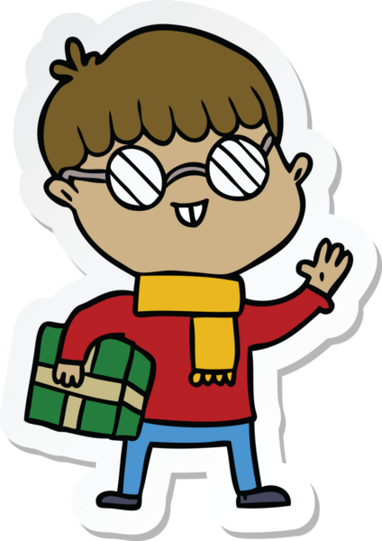 Bir insan tarafından çizilmiş gözlüklü bir çizgi film çocuğunun çıkartması.