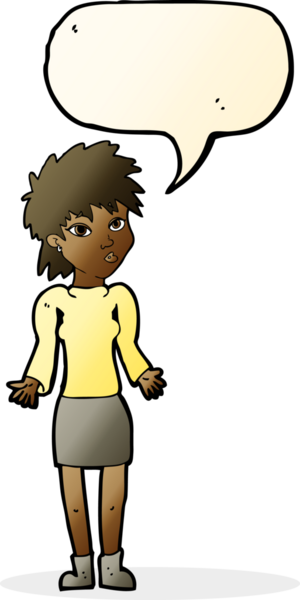 Bir insan tarafından çizilmiş konuşma baloncuğuyla omuz silken çizgi film kadını.