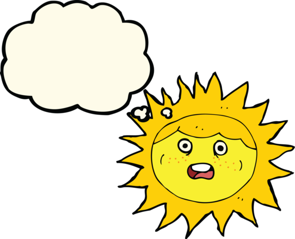 Güneş çizgi film karakteri. Düşünce baloncuğu insan tarafından çizilmiş.