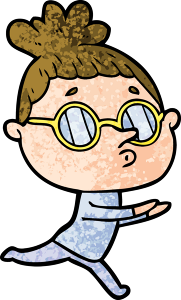 Bir insan tarafından çizilmiş gözlüklü bir karikatür kadın.