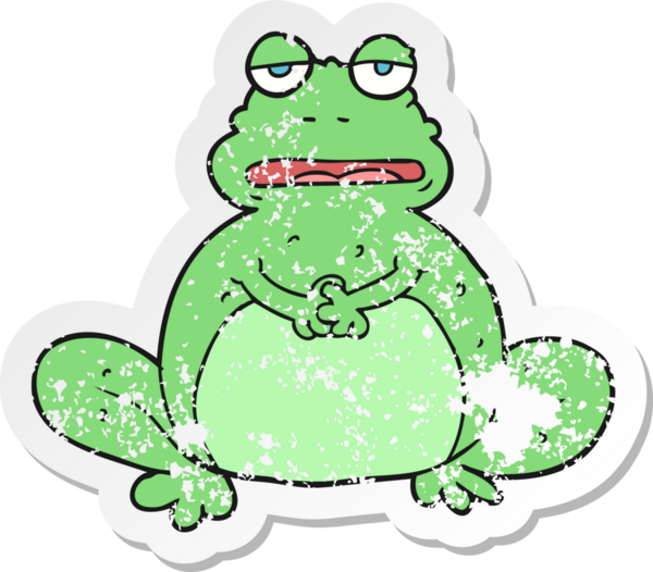 Bir insan tarafından çizilmiş karikatür kurbağasının gerilemiş çıkartması.
