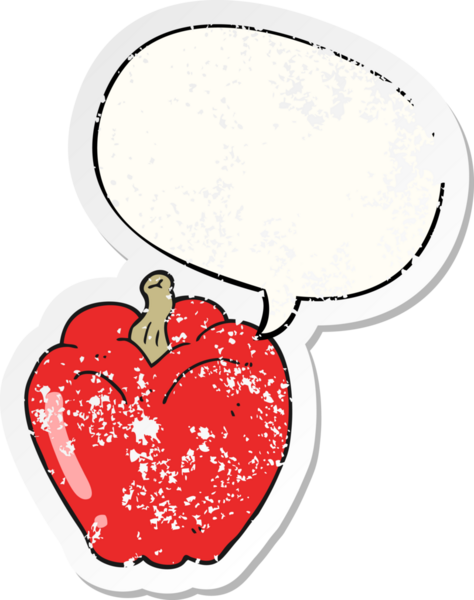 Konuşma baloncuklu karikatür biberi bir insan tarafından çizilmiş sıkıntılı eski bir çıkartma