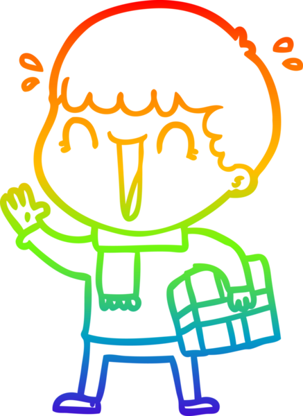 Gökkuşağı gradyan çizimi. Gülen bir çizgi film adamı. Yanında bir insan tarafından çizilmiş.