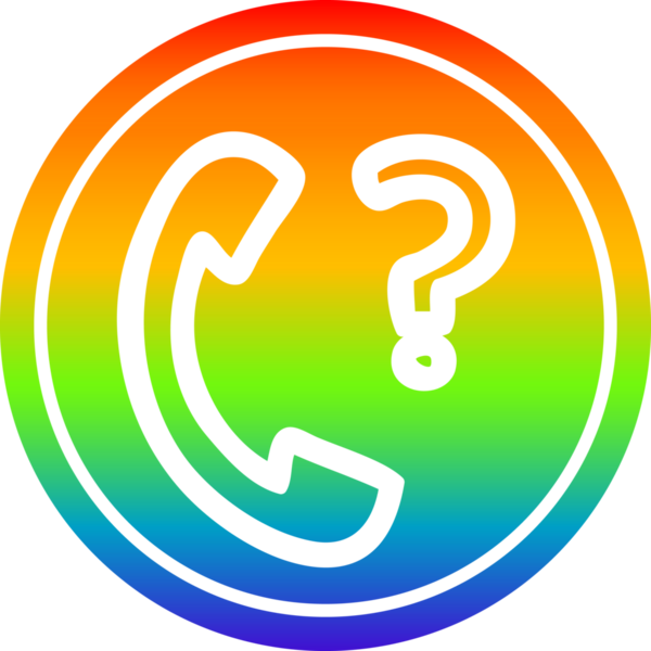 Bir insan tarafından çizilmiş gökkuşağı gradyan çizgili soru işareti simgesi olan telefon ahizesi