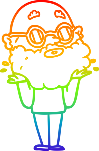 Gökkuşağı gradyan çizgi çizimi. Bir insan tarafından çizilmiş sakallı ve güneş gözlüklü meraklı bir adamın çizimi.