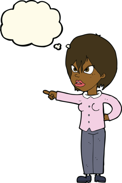 Bir insan tarafından çizilmiş düşünce baloncuğuyla suçlanan çizgi film kadını.