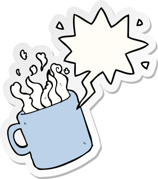 Bir insan tarafından çizilmiş konuşma balonu çıkartmalı bir fincan sıcak kahve.