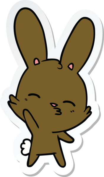 Bir insan tarafından çizilmiş meraklı, el sallayan tavşan çizgi filminin çıkartması.