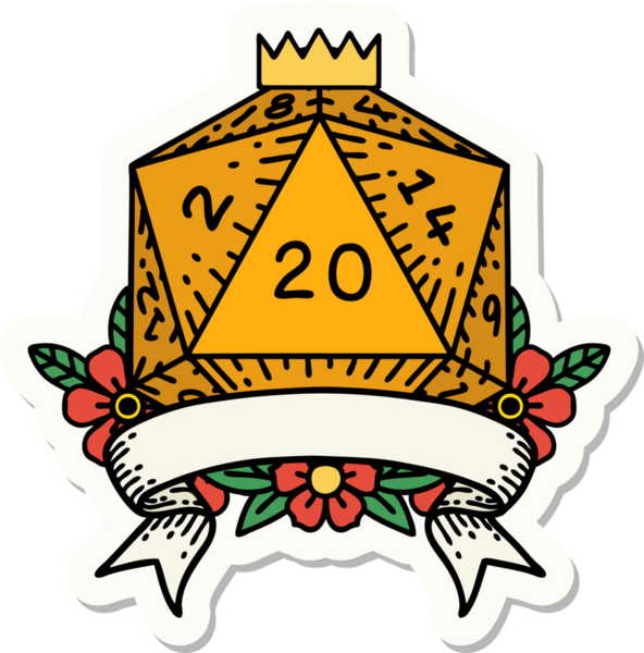 Bir insan tarafından çizilmiş 20 kritik vuruşluk D20 zar etiketi.