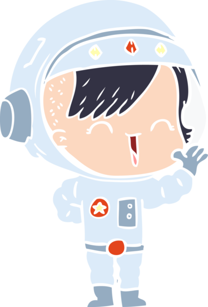 Düz renkli çizgi film mutlu astronot kız bir insan tarafından çiziliyor.