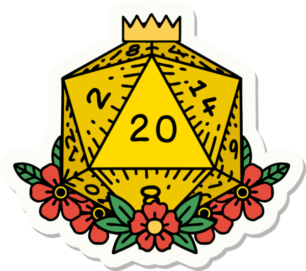 Bir insan tarafından çizilmiş 20 D20 zarının etiketi.