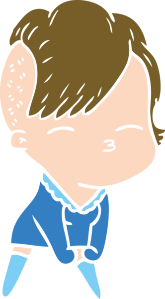 Düz renkli çizgi film çizen kız bir insan tarafından çizilmiş.