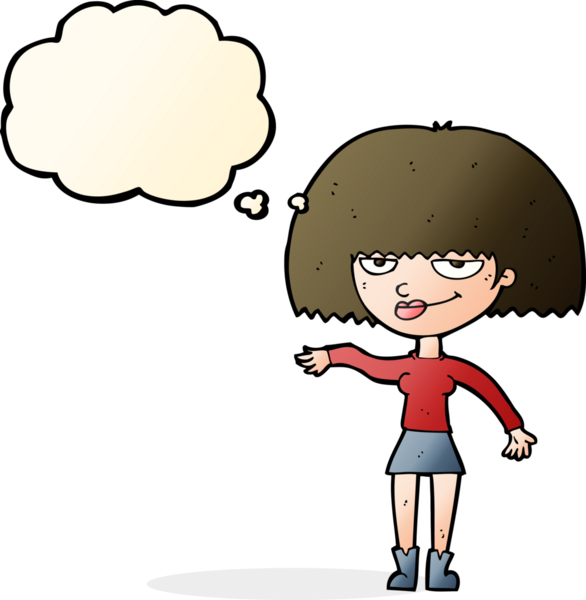 Kendini beğenmiş kadın bir insan tarafından çizilmiş düşünce baloncuğuyla küçümseyici bir jest yapıyor.