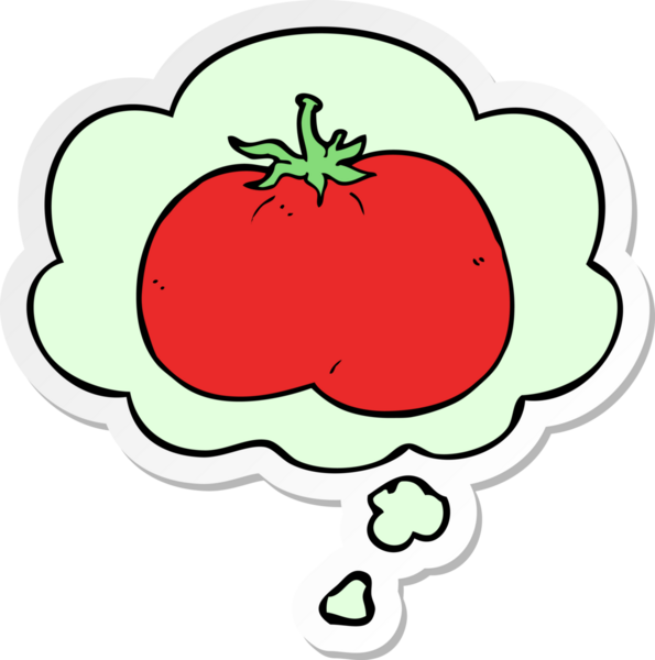 Düşünce baloncuklu çizgi film domatesi insan tarafından çizilmiş bir çıkartma.