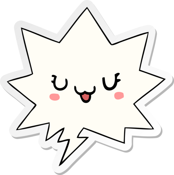 Bir insan tarafından çizilmiş konuşma kabarcığı çıkartmalı sevimli mutlu çizgi film yüzü.