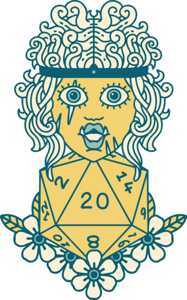 Retro Dövme Tarzı Ork barbarlığı. Bir insan tarafından çizilmiş doğal yirmi zar.