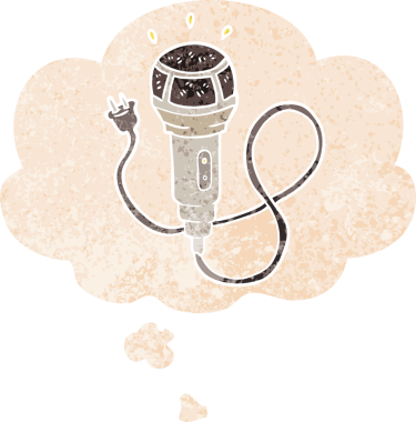 grunge 'da düşünce baloncuğu olan çizgi film mikrofonu insan tarafından çizilmiş eski moda desenli.