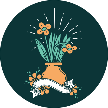 Bir insan tarafından çizilmiş vazodaki dövme stili çiçeklerin simgesi