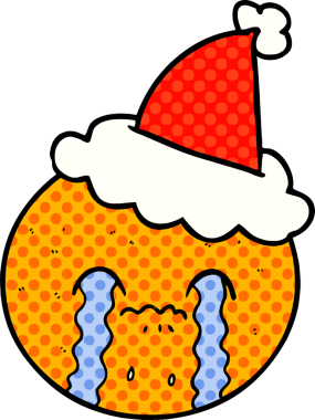 Bir insan tarafından çizilmiş, portakal rengi Noel Baba şapkası takan bir çizgi roman çizimi.