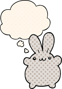 Çizgi roman tarzında bir insan tarafından çizilmiş düşünce kabarcığı olan çizgi film tavşanı.