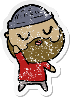 Bir insan tarafından çizilmiş sakallı, sevimli bir çizgi film karakterinin sıkıntılı çıkartması.